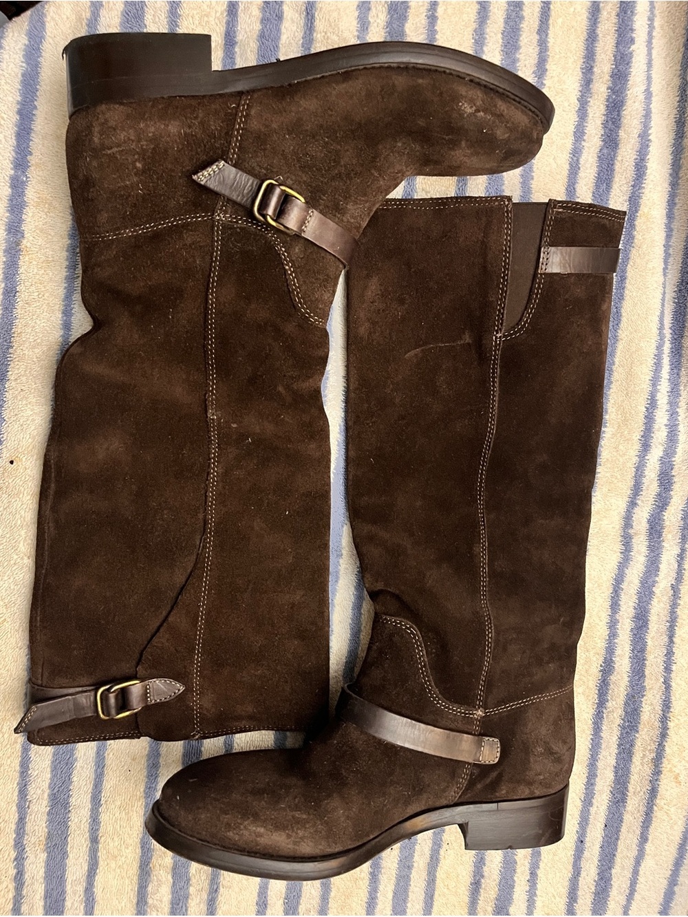 Women's Dark Brown Suede Mid-Calf Riding Boots with Buckle Detail
